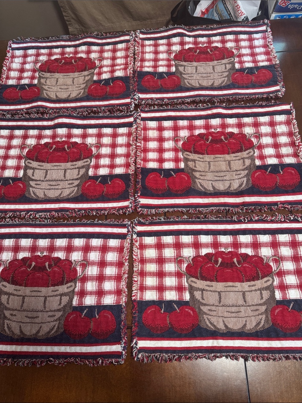 Set of 6 Woven Cherry Basket Placemats - Red & Cream 17”wide 12” height